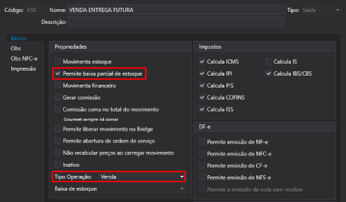 Print da Configuração da Operação 650 no ERP