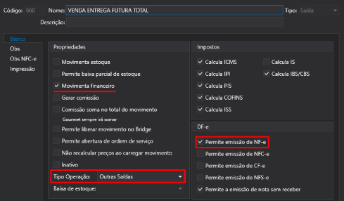 Print da Configuração da Operação 660 no ERP