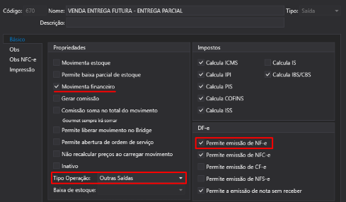Print da Configuração da Operação 670 no ERP