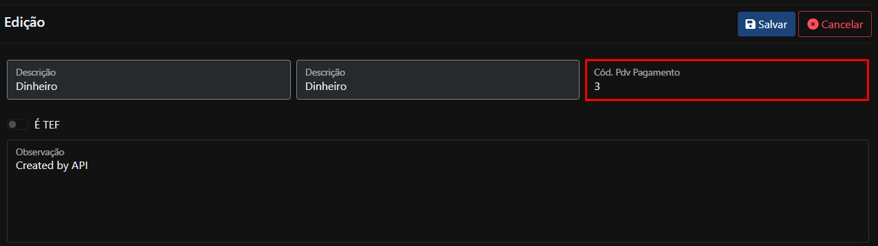 Código PDV Pagamento no VR Pedidos