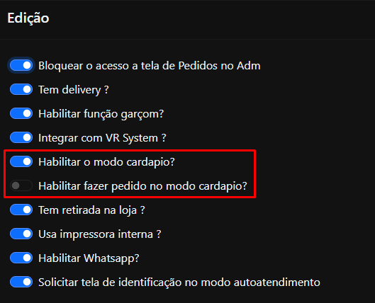 Configuração do modo cardápio
