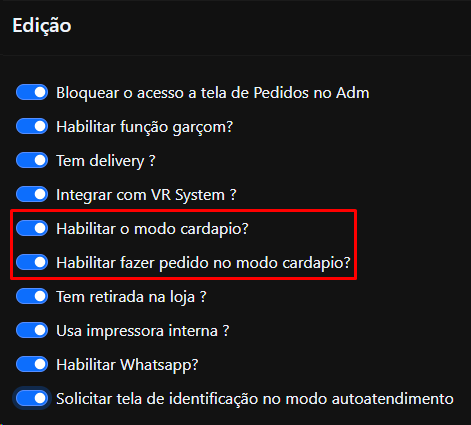 Configurações do modo cardápio
