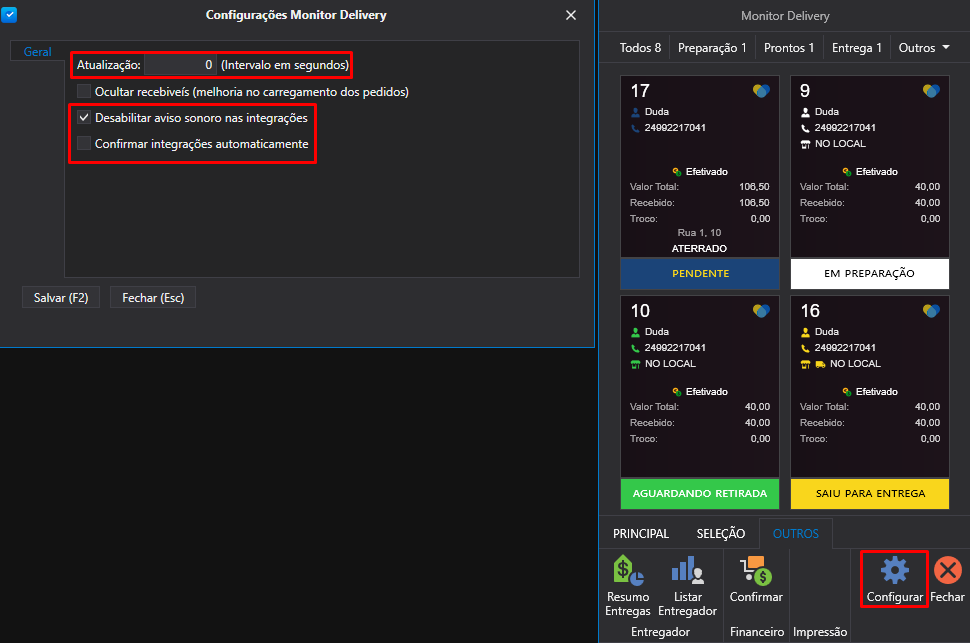 Configurações do Monitor Delivery