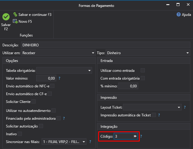 Código de integração no ETrade