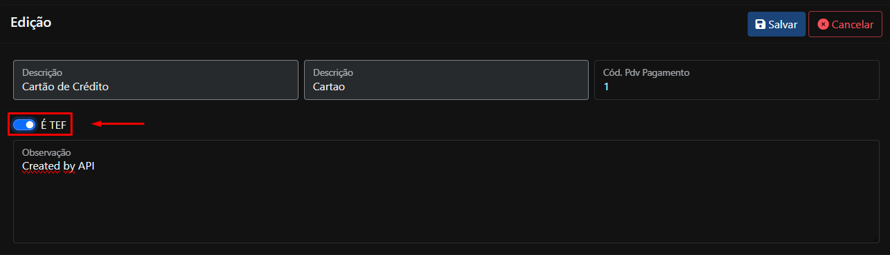 Forma de pagamento TEF